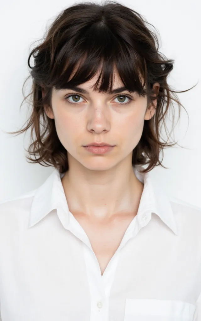 A French female model with Wispy bangs, wearing a shirt, against a white background, in a front   facing bust portrait